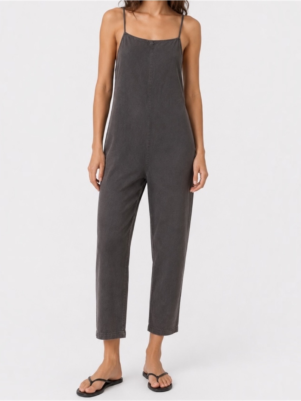 Zara Charcoal Grey 100% Cotton Cropped Cami Jumpsuit Straight Neck Spaghetti S